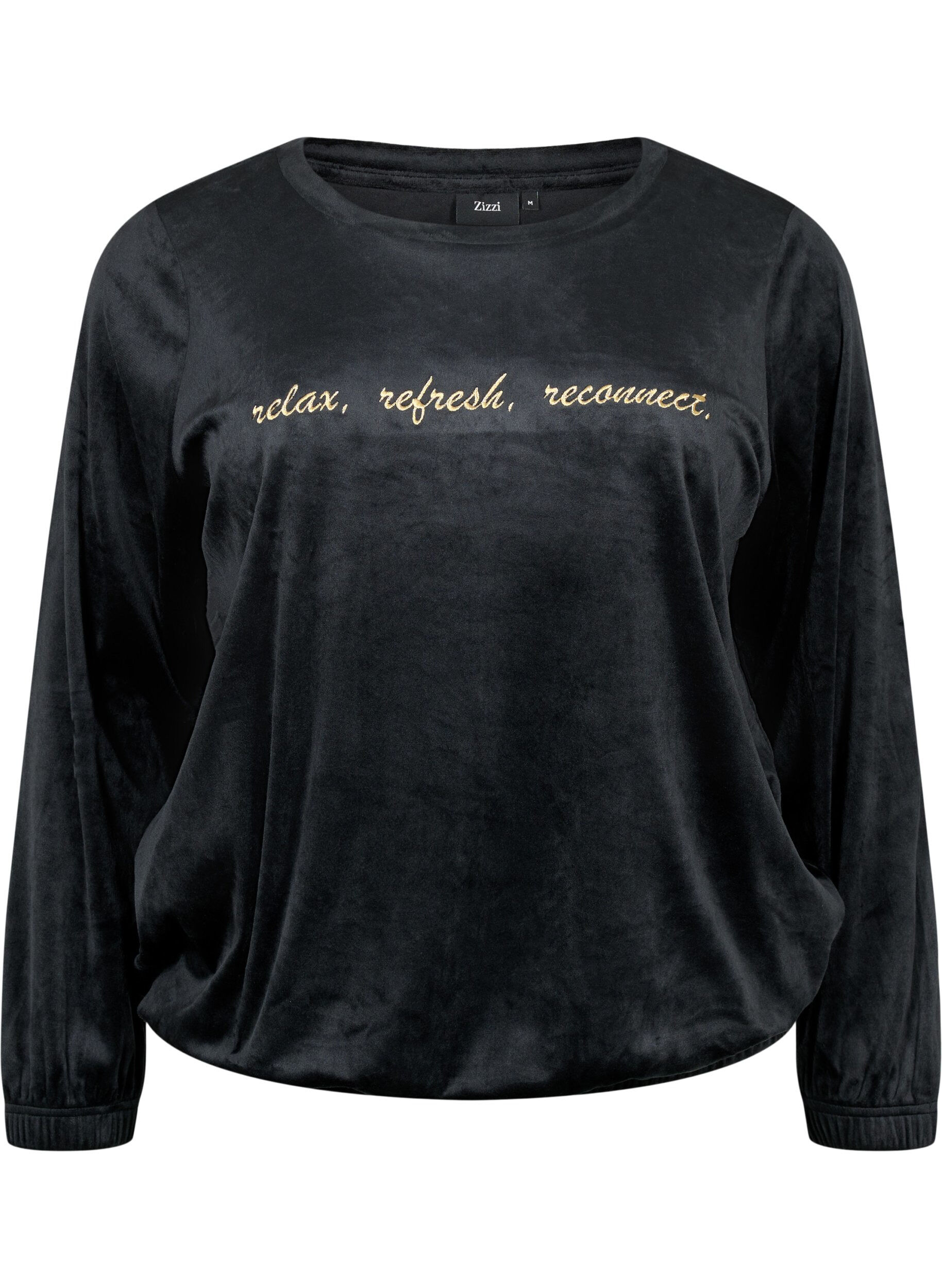 ZizziVeloursbluse mit aufgesticktem Text, Black, Packshot image number 0