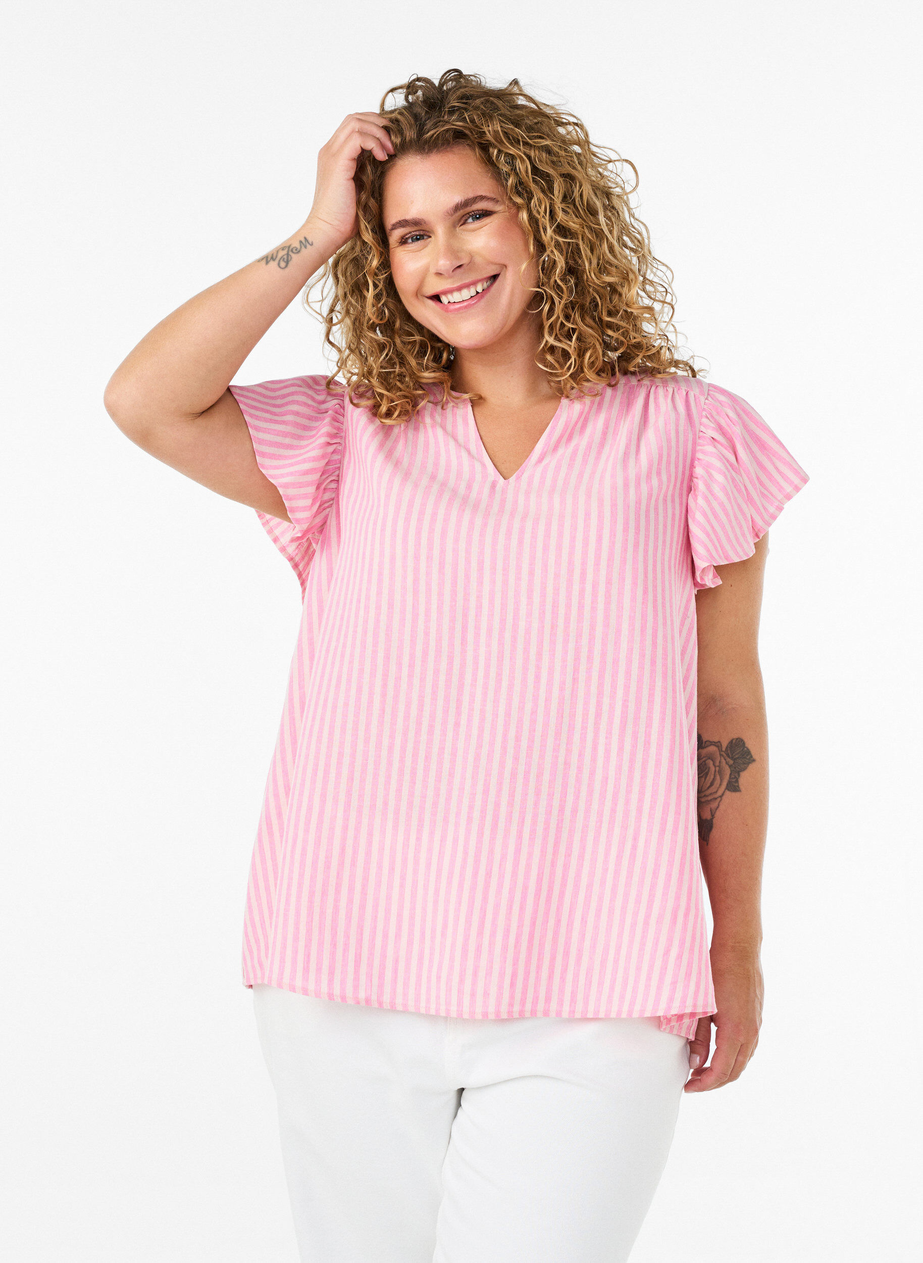 ZizziBluse aus Viskose und Leinen mit R&uuml;schen&auml;rmeln, Pink, Model image number 0