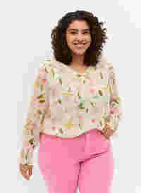 Geblümte Bluse mit langen Ärmeln und V-Ausschnitt, White/Pink Flower, Model