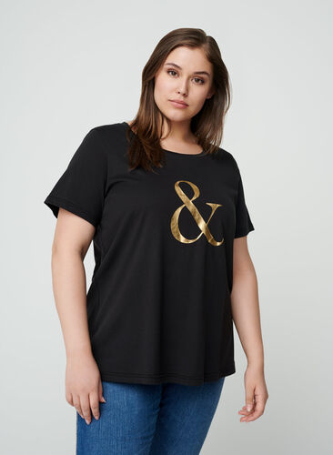 Kurzarm T-Shirt mit Print, Black , Model image number 0