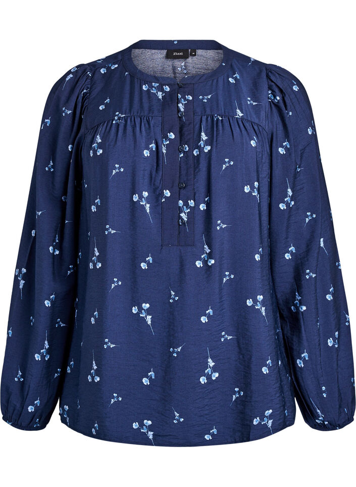 Bluse mit Knopfverschluss und kleinen Blumen, Blau, Packshot image number 0