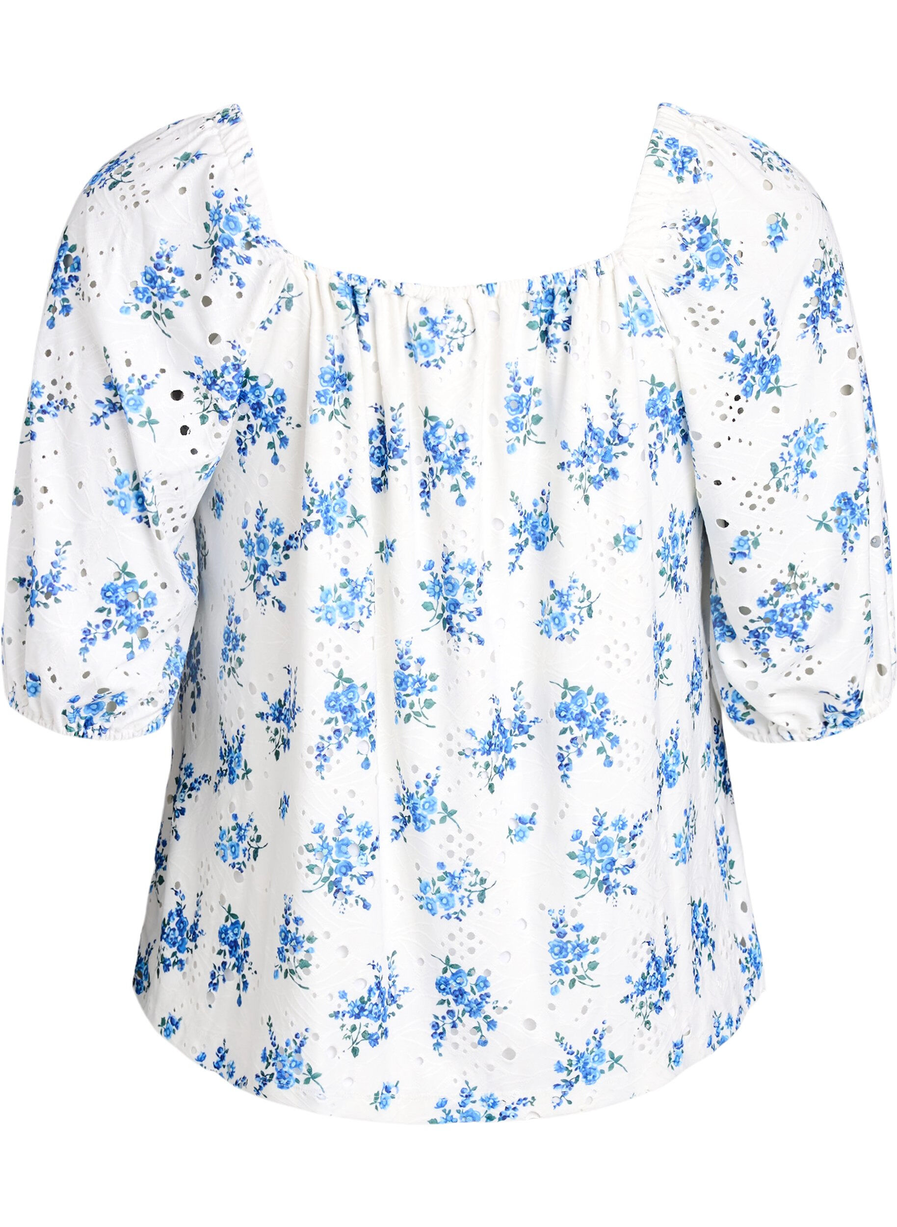 ZizziGebl&uuml;mte Bluse mit Karree-Ausschnitt und Lochstickerei, Wei&szlig;, Packshot image number 1