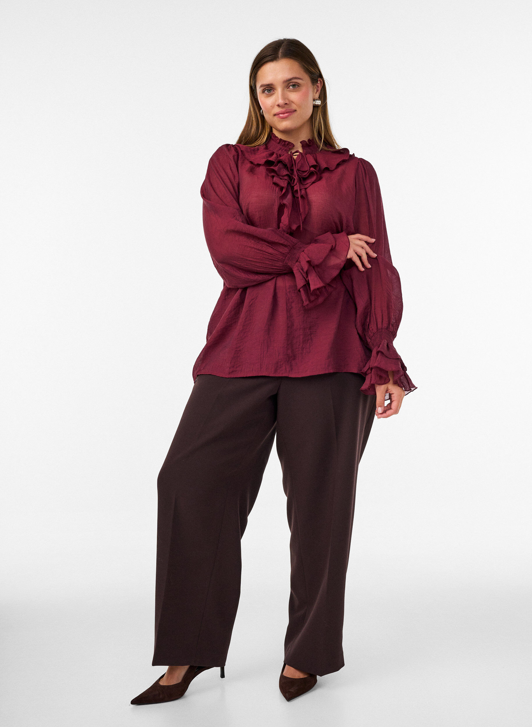 ZizziViskosebluse mit R&uuml;schen und langen &Auml;rmeln, Rot, Model image number 1