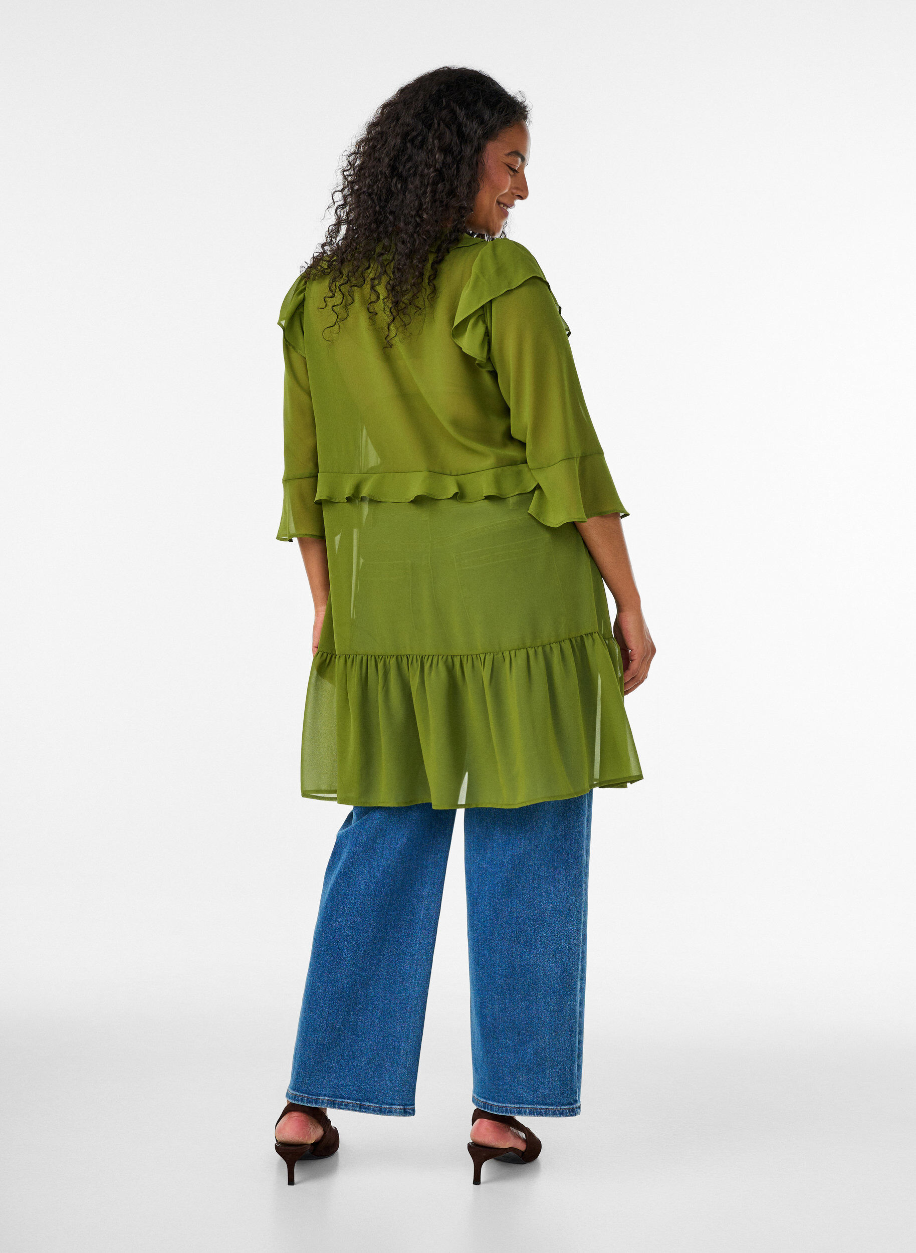 ZizziLeichtes Kleid mit R&uuml;schen und V-Ausschnitt, Gr&uuml;n, Model image number 2