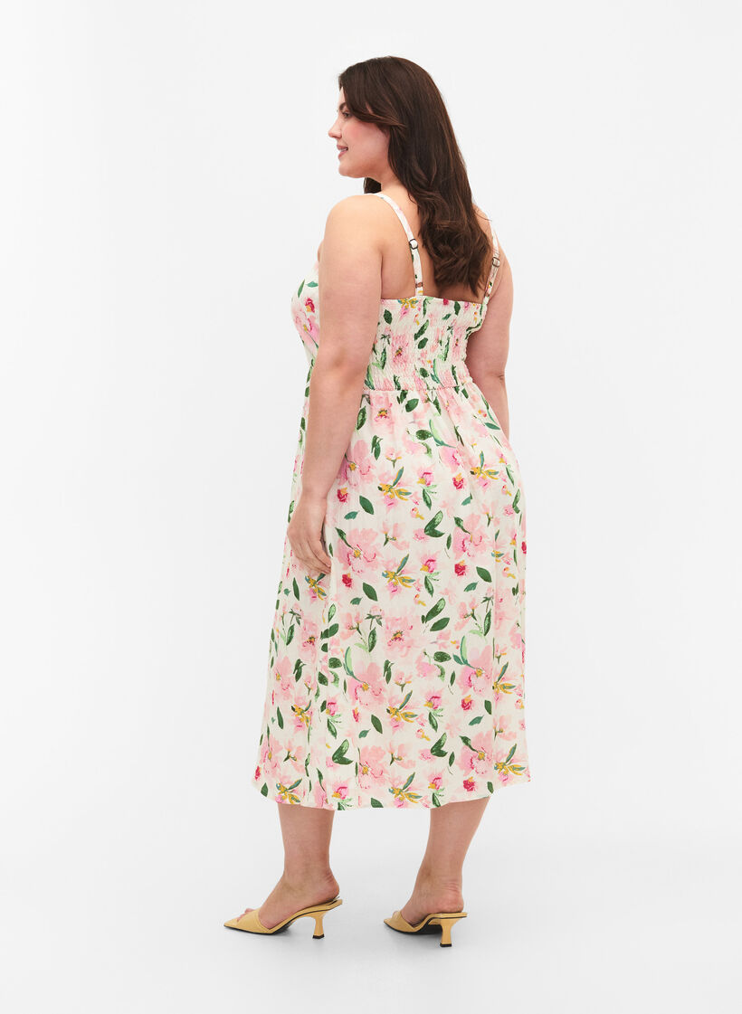 Geblümtes Trägerkleid aus Viskose mit Smok, Off White Flower, Model image number 1