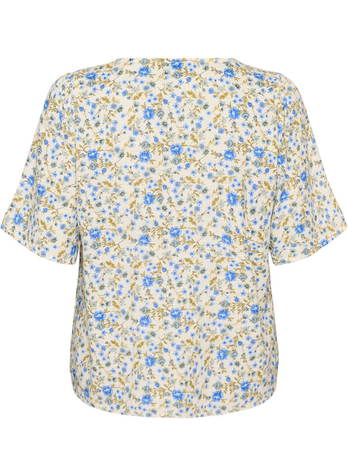 Kurz&auml;rmelige Bluse aus Baumwolle mit V-Ausschnitt, Blau, Packshot image number 1