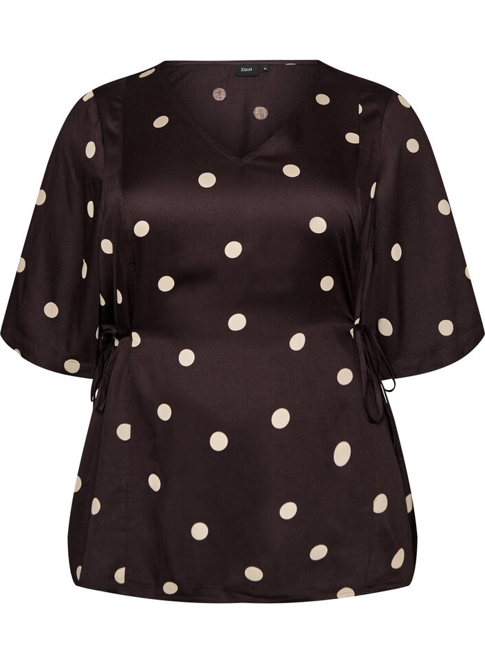 Gepunktete Bluse aus Viskose mit V-Ausschnitt und Bindeband, Braun, Packshot image number 0