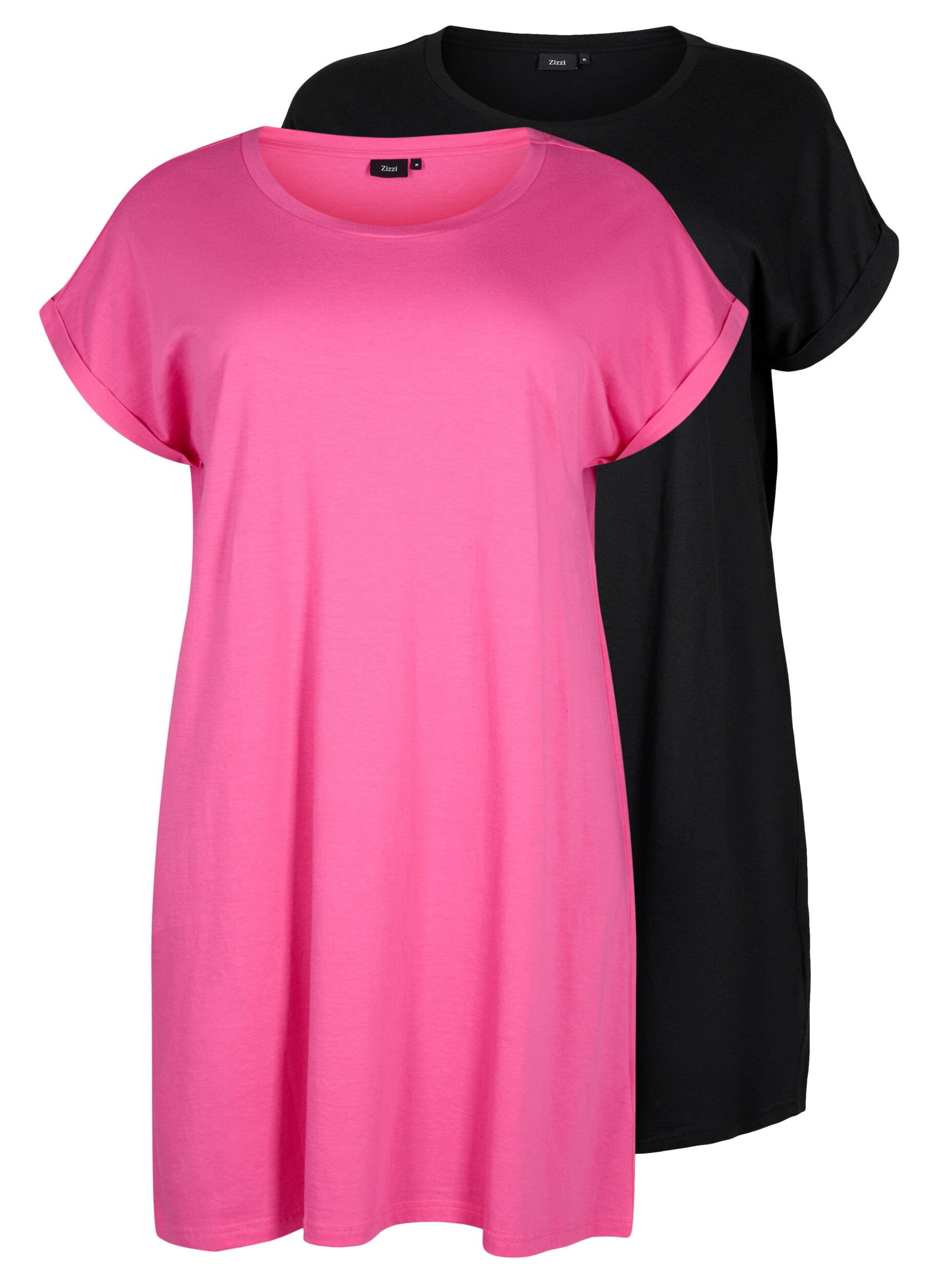 Zizzi2-pack Baumwollkleid mit kurzen &Auml;rmeln, Shocking Pink/Black, Packshot image number 0