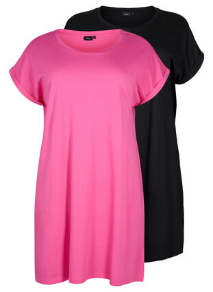 2-pack Baumwollkleid mit kurzen Ärmeln, Shocking Pink/Black, Packshot image number 0