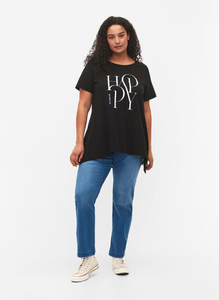 T-Shirt aus Baumwolle mit Textdruck, Black HAPPY, Model image number 2
