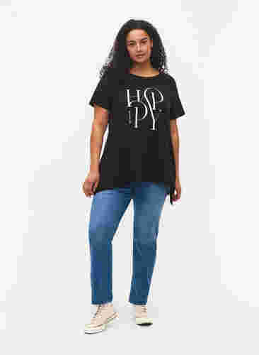 T-Shirt aus Baumwolle mit Textdruck, Black HAPPY, Model image number 2