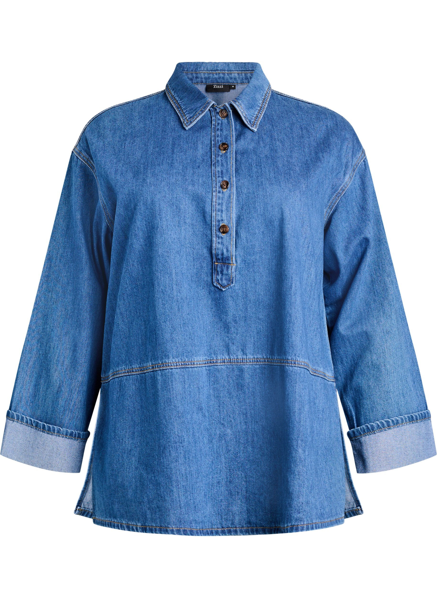 ZizziLockere Bluse aus Denim mit Kragen und Knopfleiste, Blau, Packshot image number 0