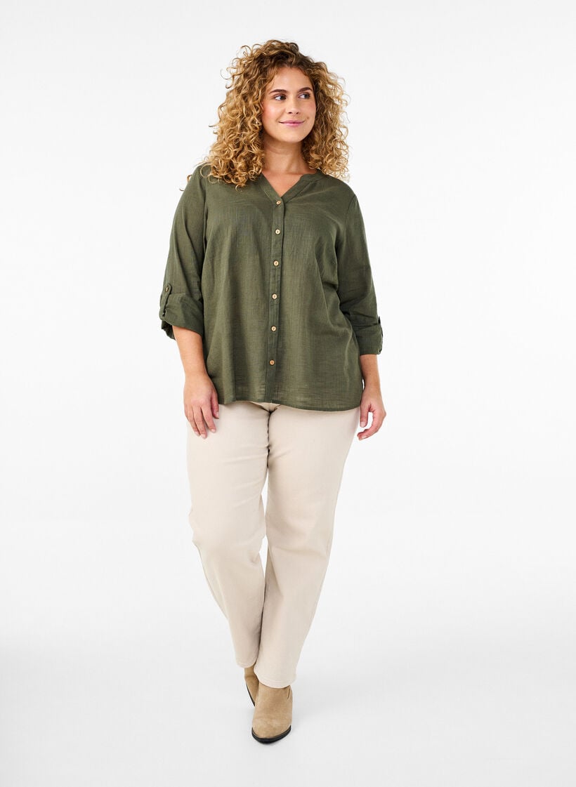 Baumwollbluse mit V-Ausschnitt, Gr&uuml;n, Model image number 1