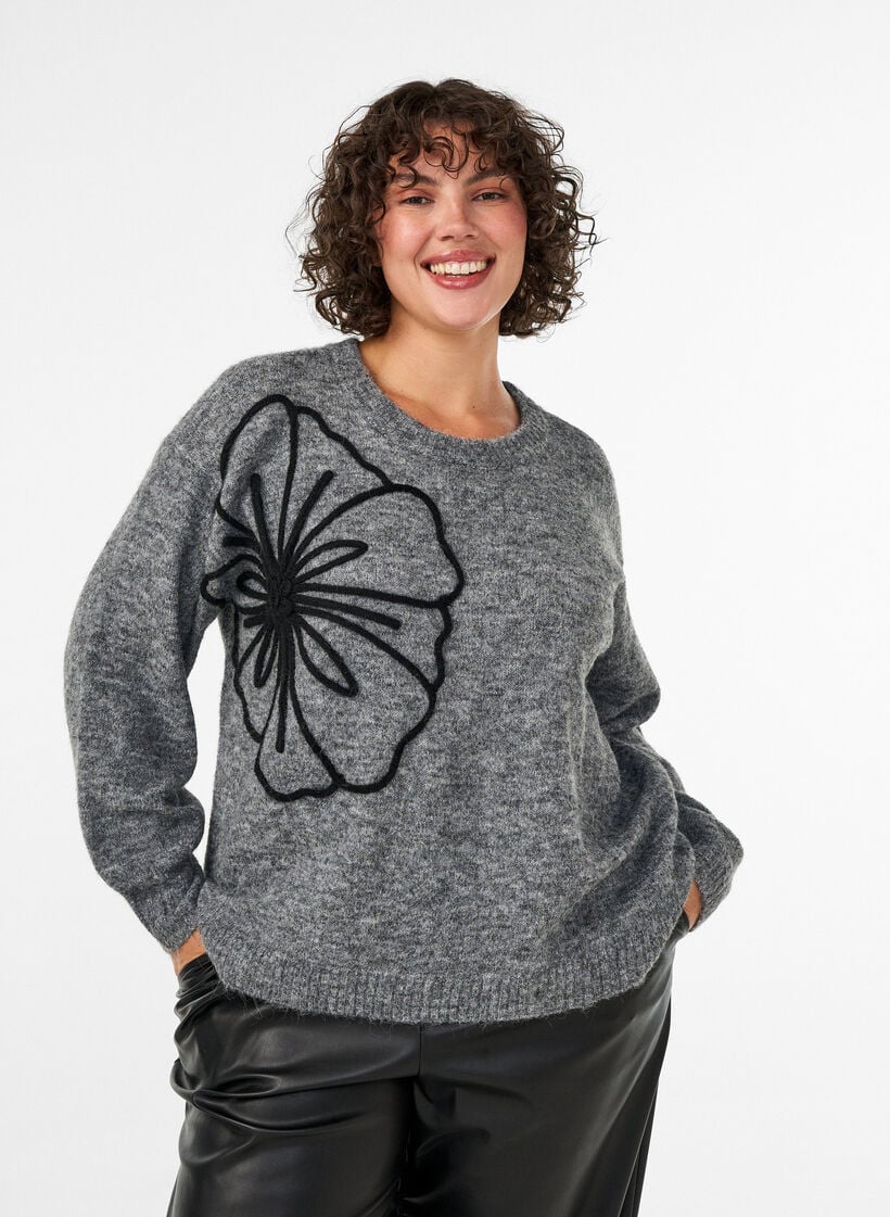 Pullover mit Blumenapplikation, Grau, Model image number 0