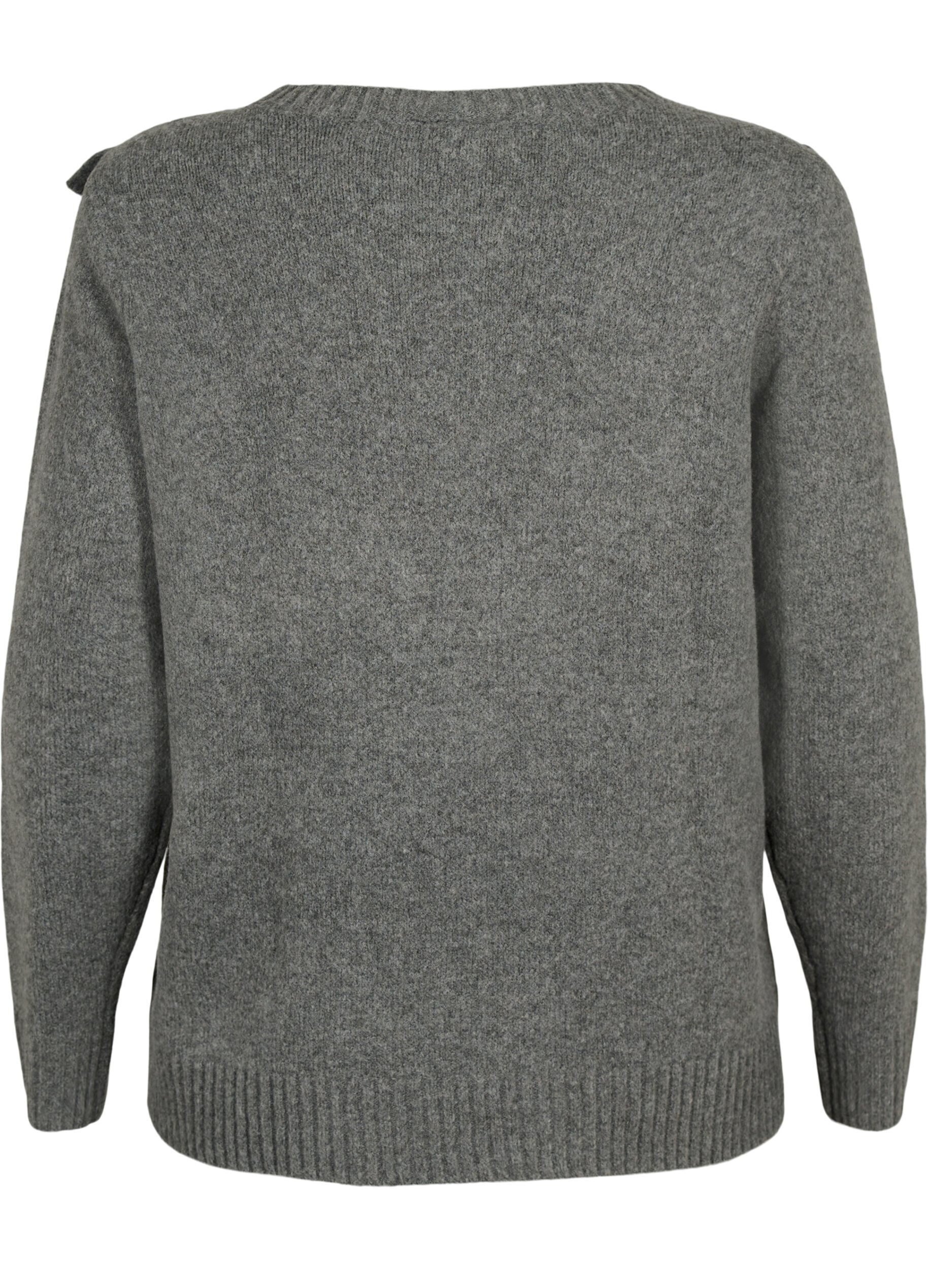 ZizziGestrickter Wollpullover mit R&uuml;schendetail, Dark Grey Melange, Packshot image number 1