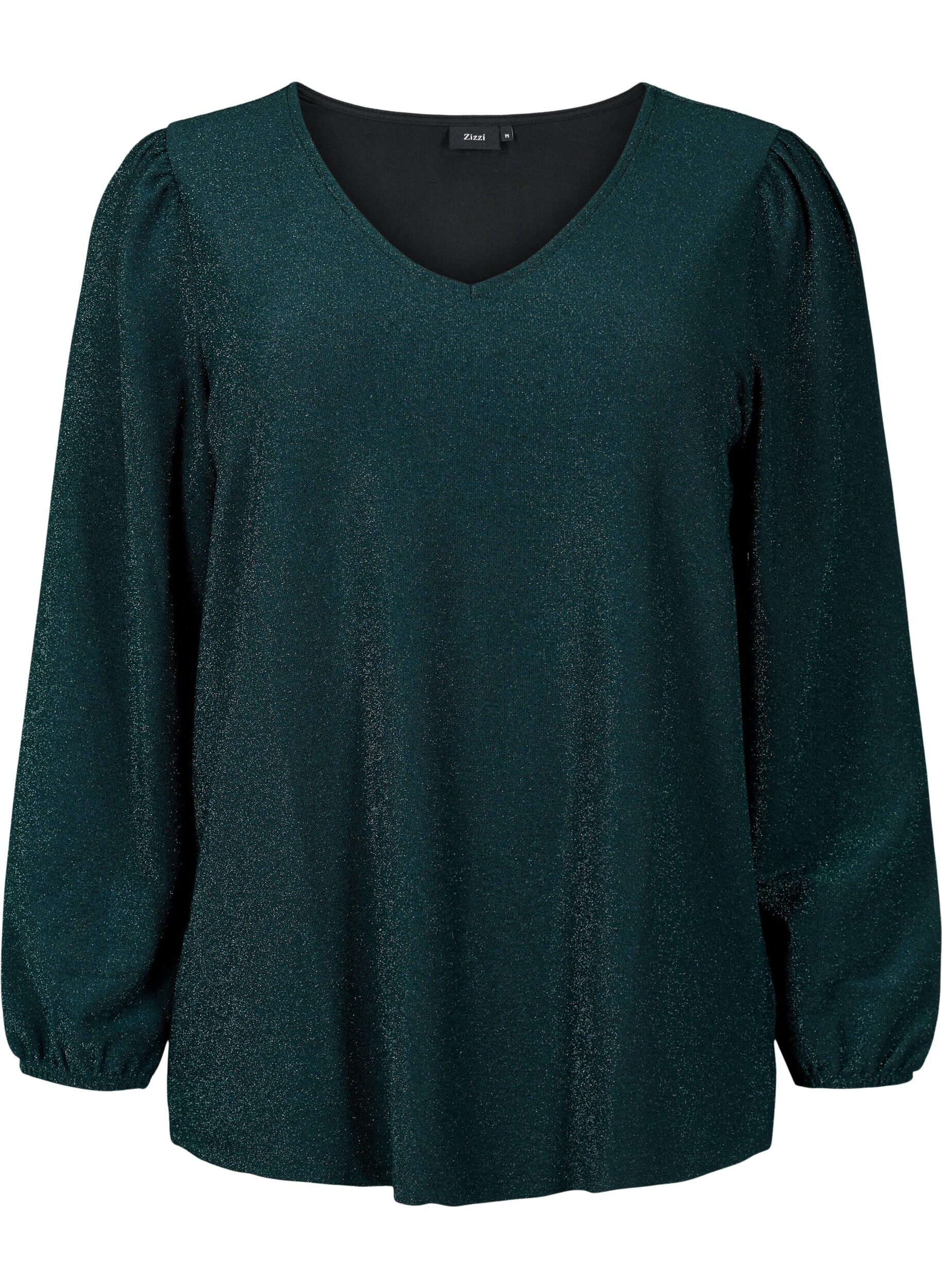 Zizzi Glitzerbluse mit Puff&auml;rmeln, Black Scarab, Packshot image number 0