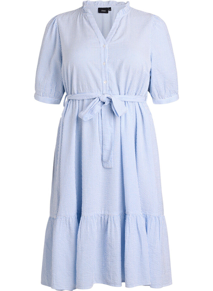 Gestreiftes Midikleid aus Baumwolle mit einem Bindeg&uuml;rtel, Wei&szlig;, Packshot image number 0