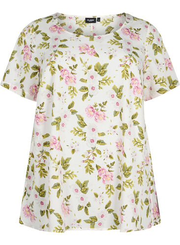 FLASH - Bluse mit kurzen Ärmeln und Print, Off White Flower, Packshot image number 0