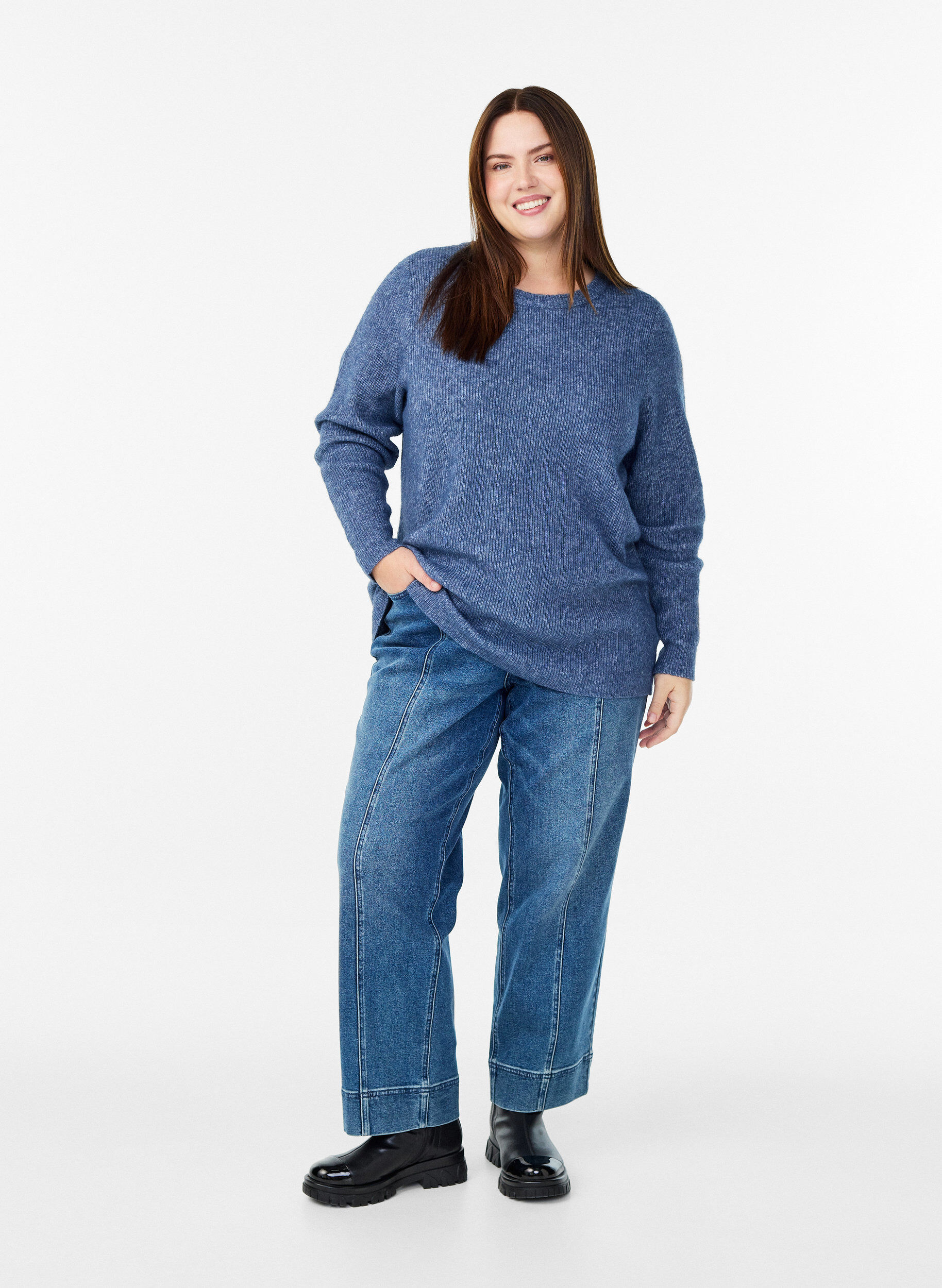 ZizziMelierte Strickbluse mit Rundhalsausschnitt, Blau, Model image number 1