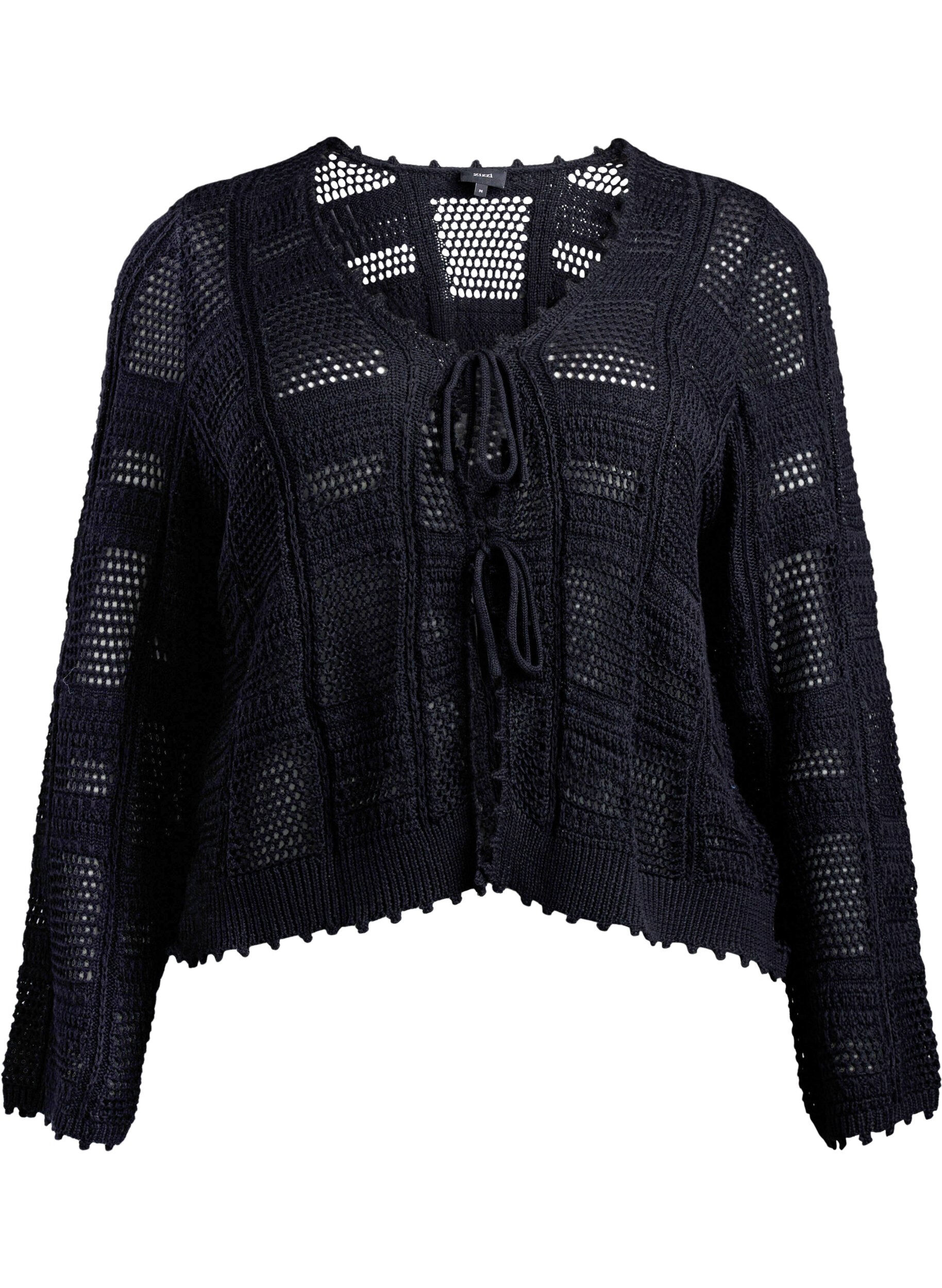 ZizziStrickjacke mit Bindeb&auml;ndern und Lochmuster, Schwarz, Packshot image number 0
