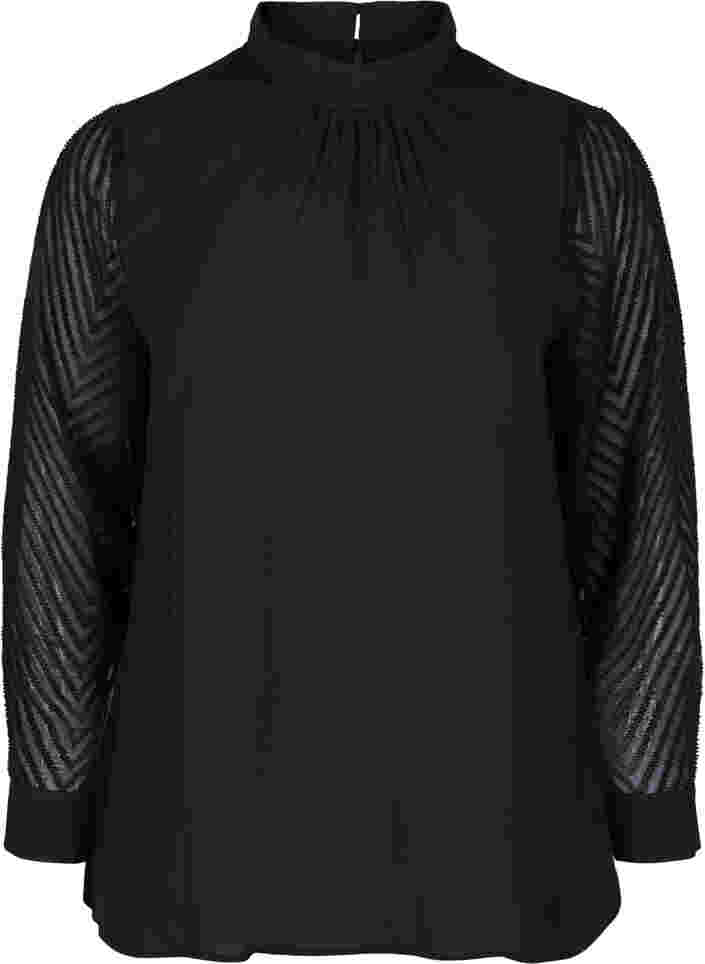 Hochgeschlossene Bluse mit langen, transparenten Ärmeln, Black, Packshot image number 0