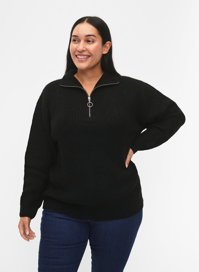 Strickpullover mit hohem Kragen und Rei&szlig;verschluss, Schwarz, Model image number 0