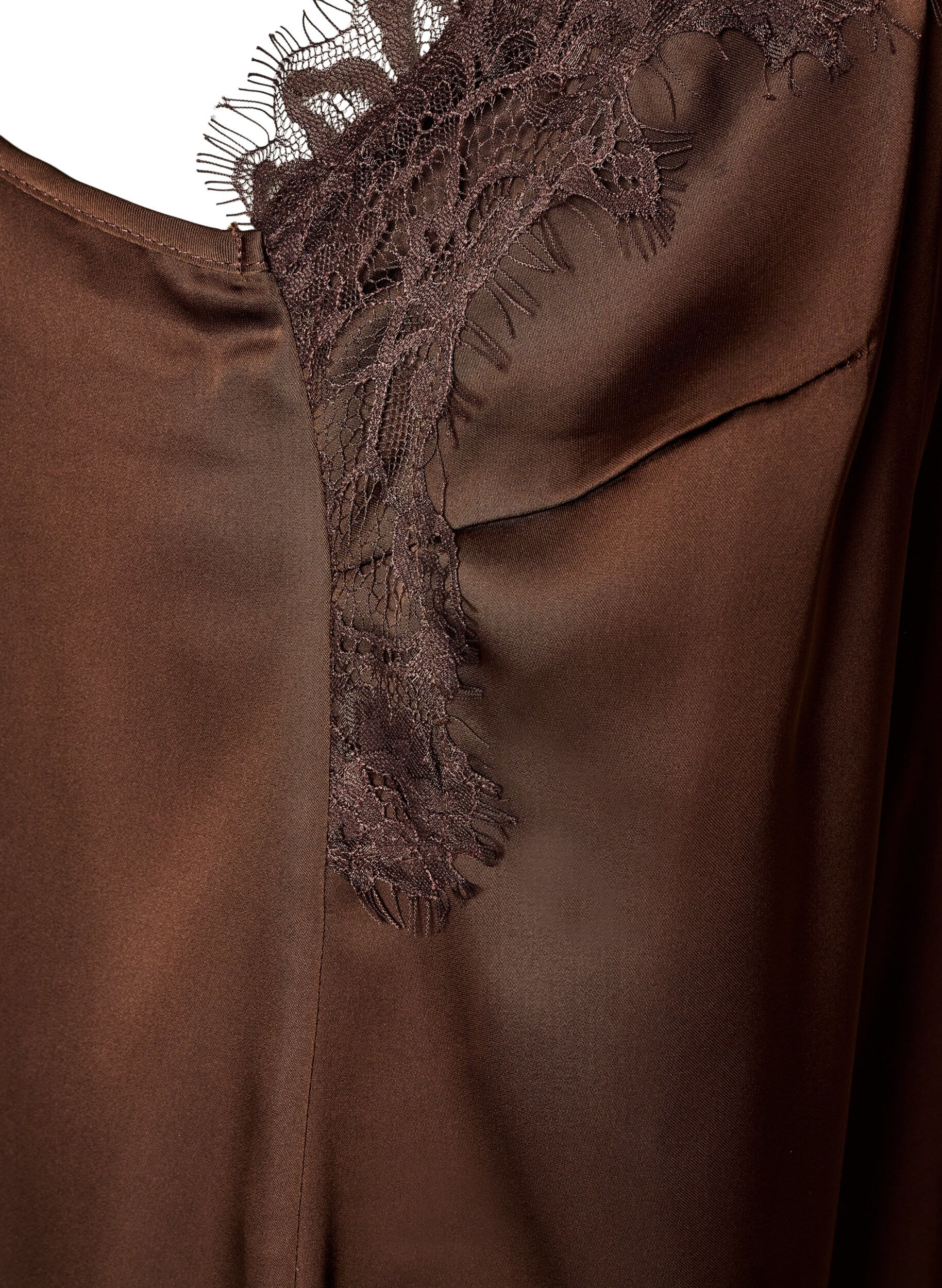 ZizziKleid aus Satin mit Spitze und asymmetrischem Saum, Braun, Packshot image number 3