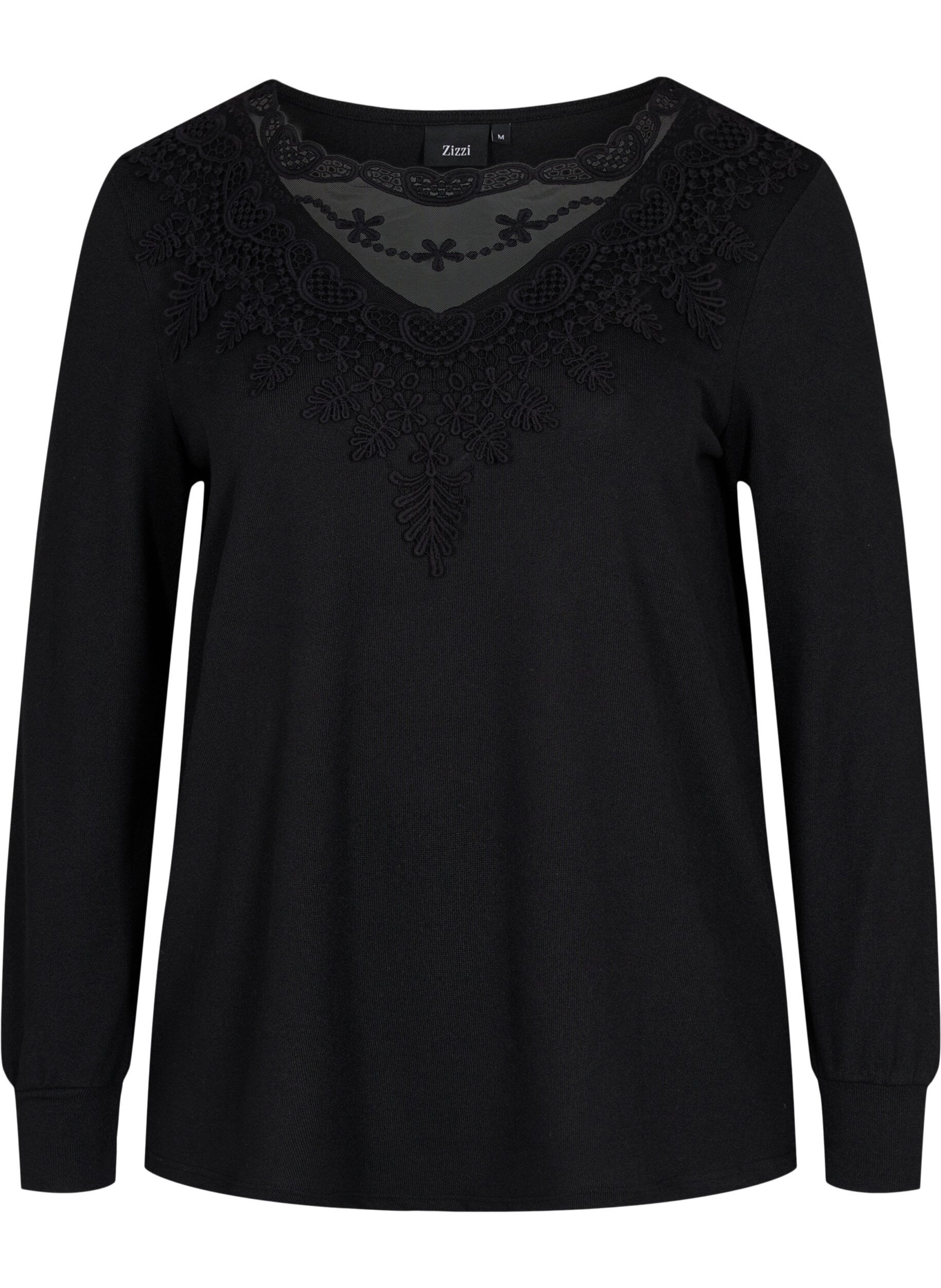 ZizziLang&auml;rmelige Bluse mit Spitzendetails, Black, Packshot image number 0