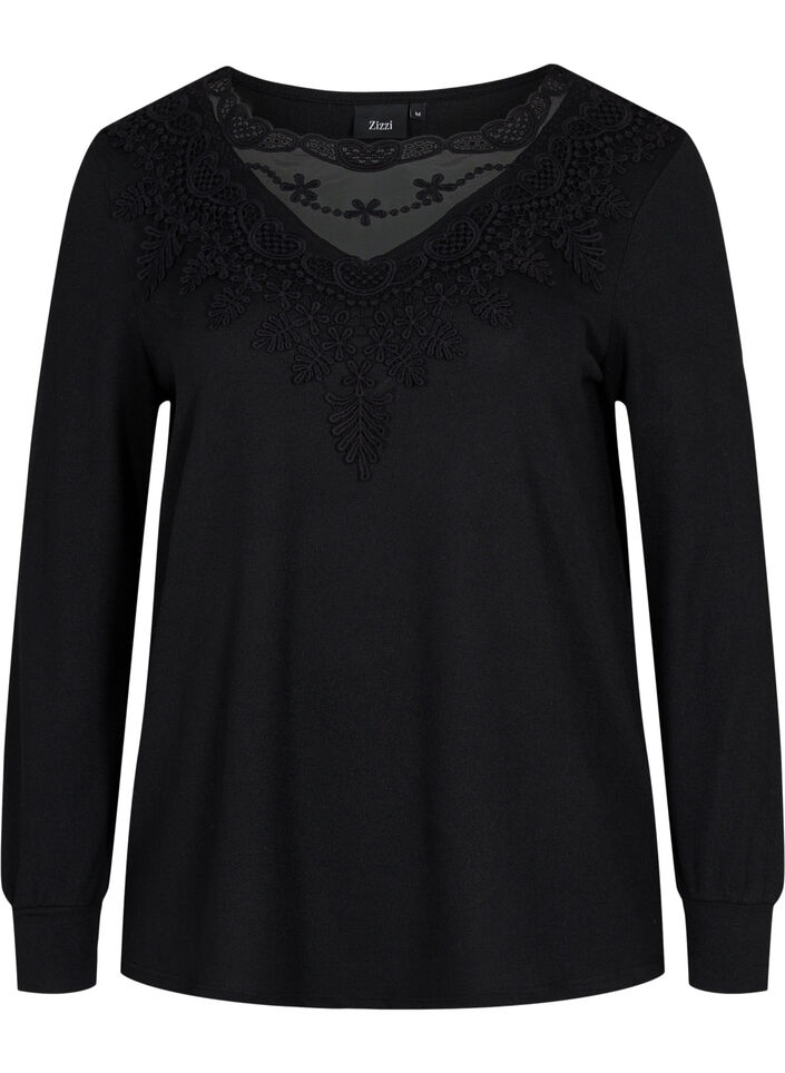 Lang&auml;rmelige Bluse mit Spitzendetails, Black, Packshot image number 0