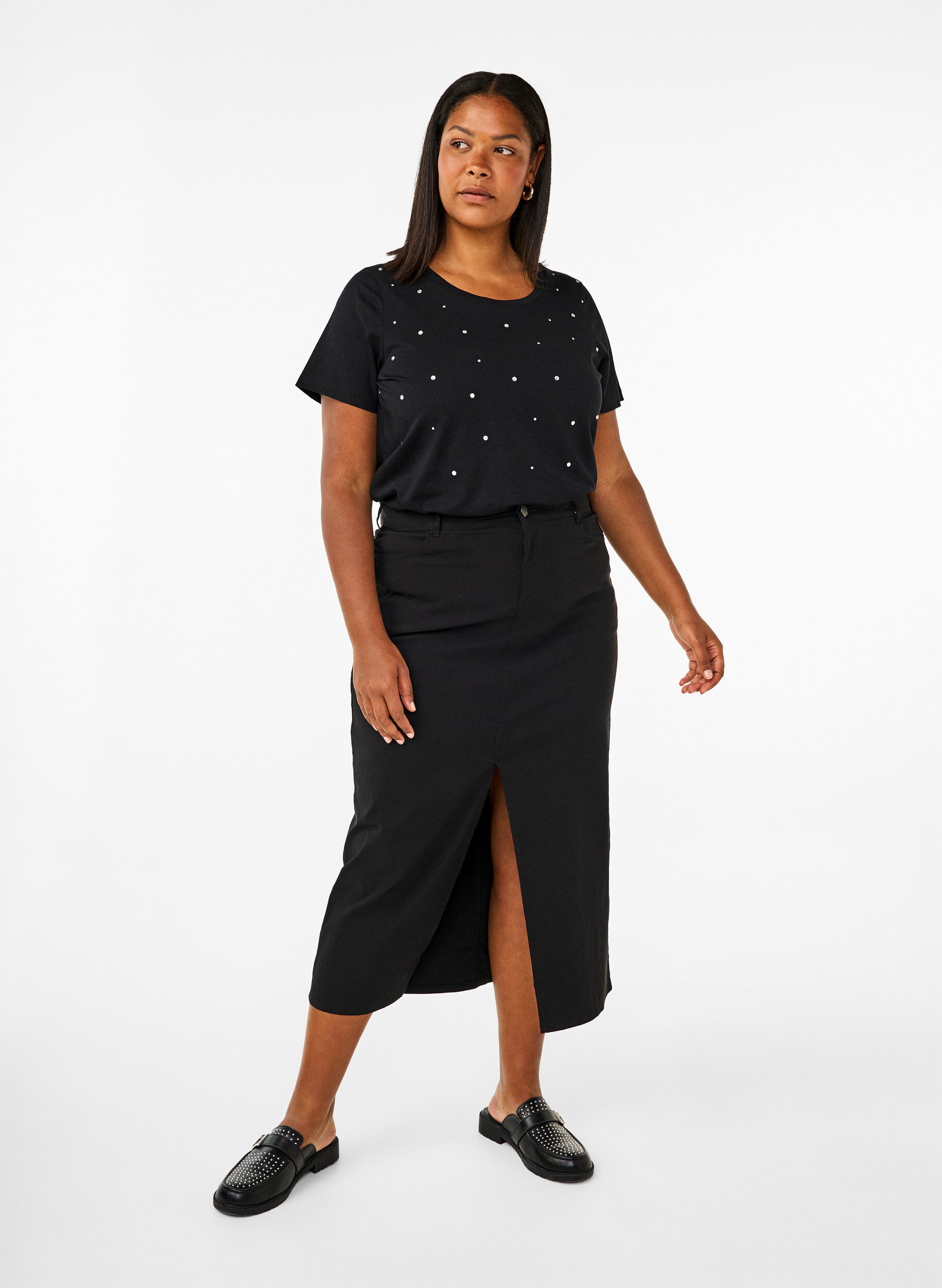 ZizziBaumwoll-T-Shirt mit Strasssteinen, Black, Model image number 3