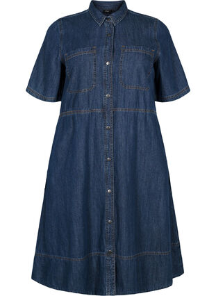 Hemdkleid aus Denim mit kurzen Ärmeln, Dark blue denim, Packshot image number 0