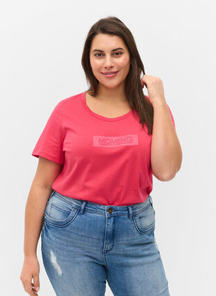 Kurzarm T-Shirt aus Baumwolle mit Aufdruck, Raspberry TEXT, Model image number 0