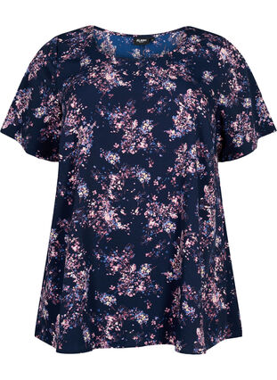 FLASH – Kurzärmelige Bluse mit Print, Navy Rose Flower, Packshot image number 0