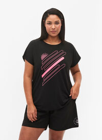 Trainingsshirt mit kurzen Ärmeln und Print, Black/Pink Print, Model
