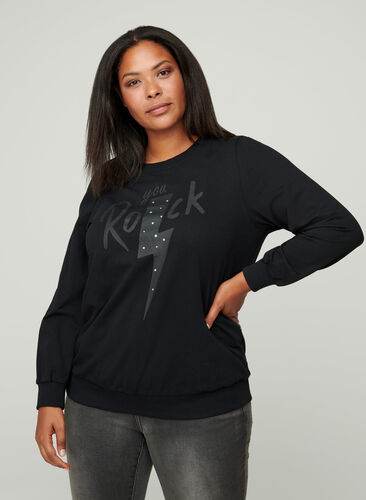 Sweatshirt aus Baumwolle mit Print auf der Brust, Black w. Black, Model image number 0