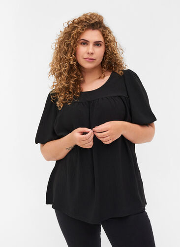 Bluse mit kurzen Puffärmeln, Black, Model image number 0