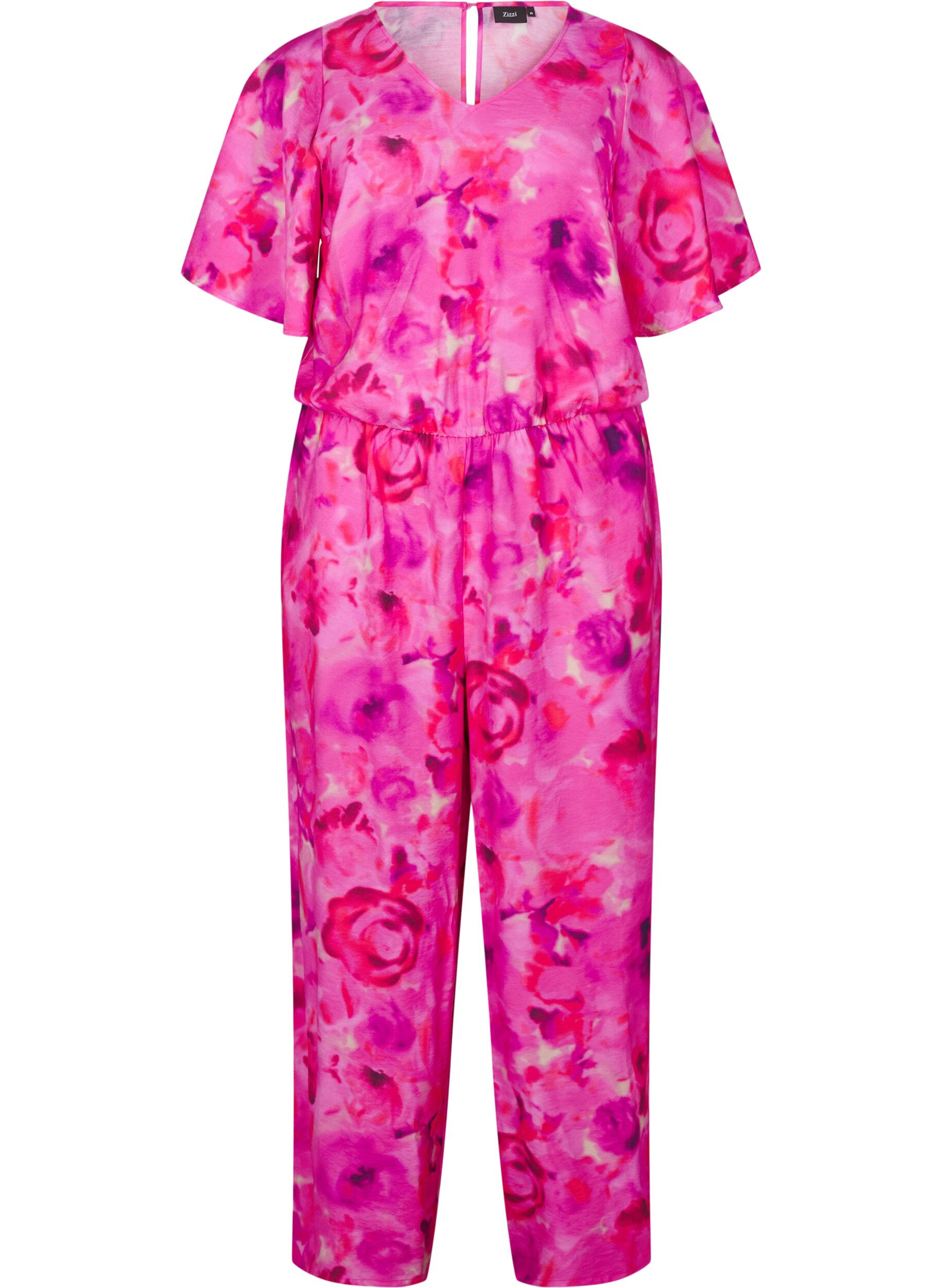 ZizziGebl&uuml;mter Jumpsuit mit Fledermaus&auml;rmeln, Pink Rose AOP, Packshot image number 0