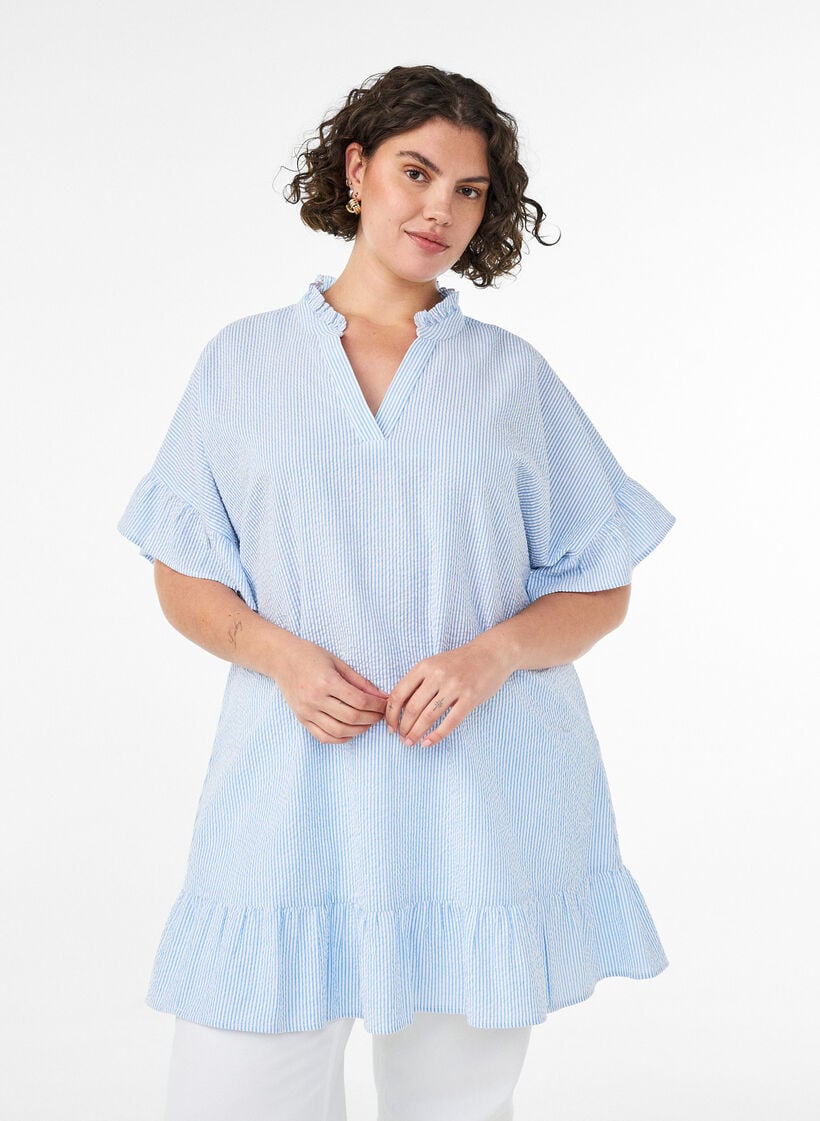 Tunika aus Baumwolle mit Streifen und R&uuml;schendetails, Blau, Model image number 0