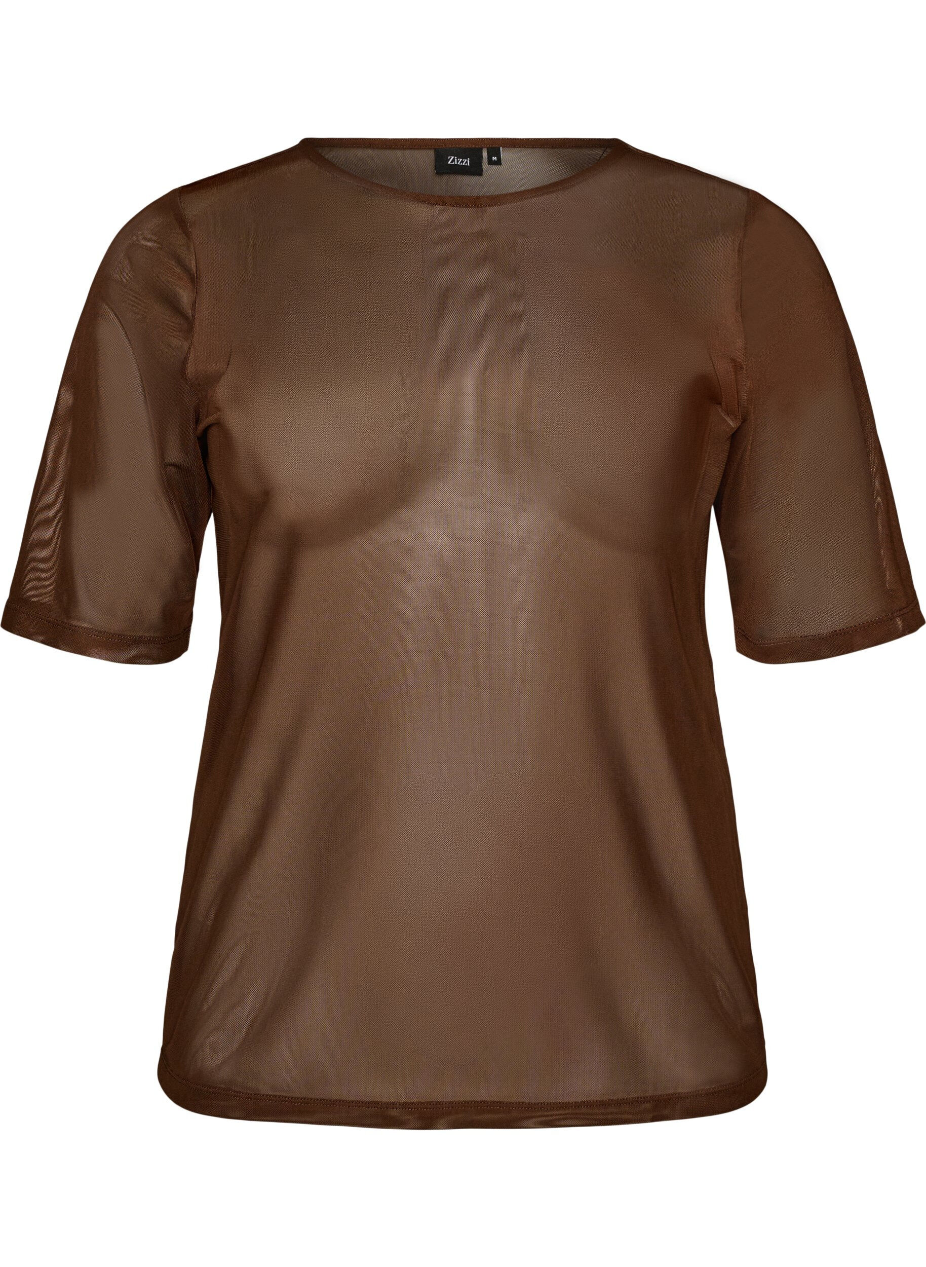 ZizziTop aus Mesh mit kurzen &Auml;rmeln und Rundhalsausschnitt, Braun, Packshot image number 0