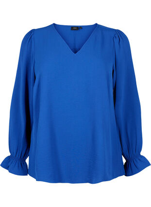 V-Ausschnitt Bluse mit langen Ärmeln, Mazarine Blue, Packshot image number 0