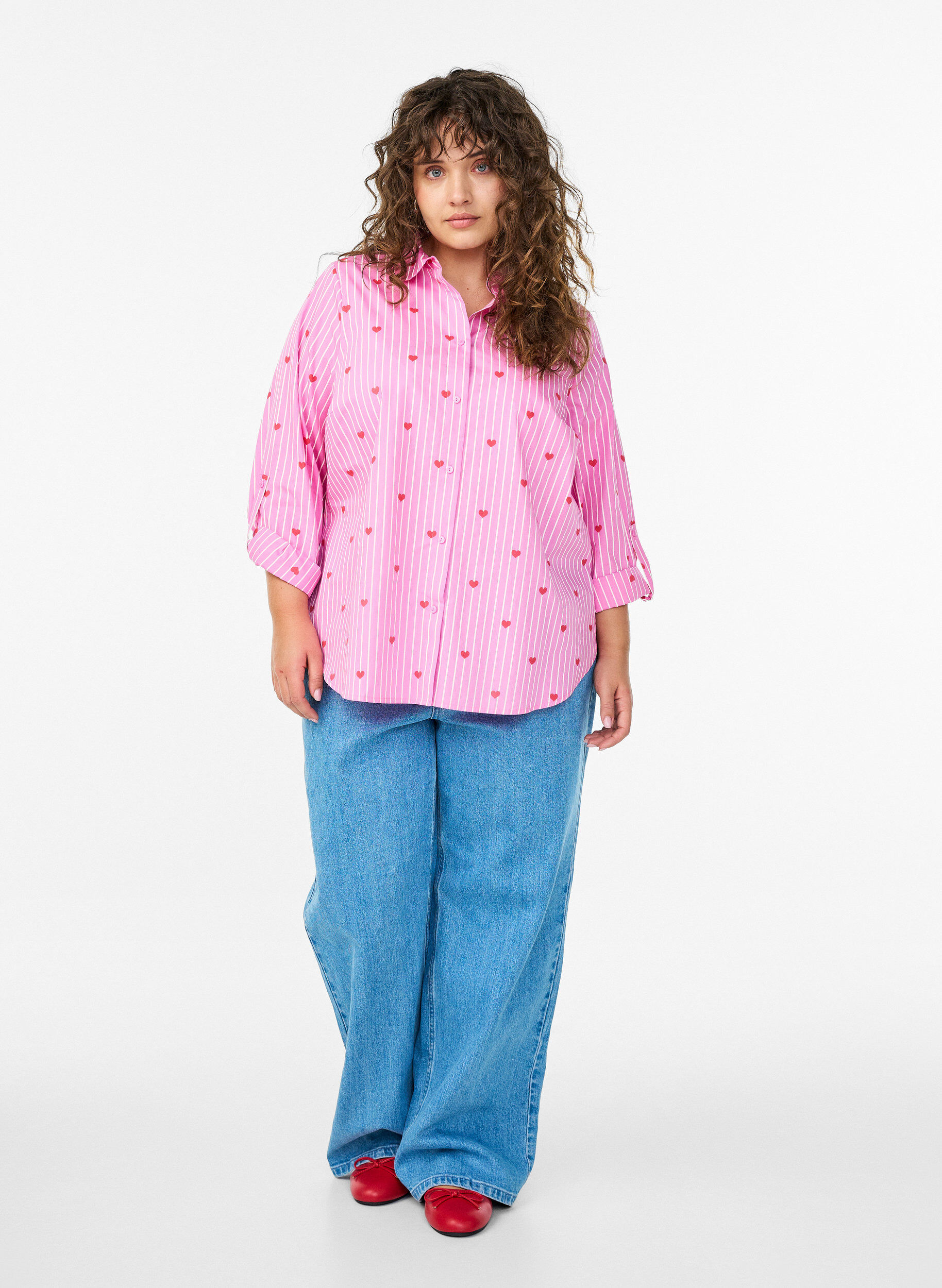 ZizziHemdbluse mit Streifen und Herzen, Pink, Model image number 1