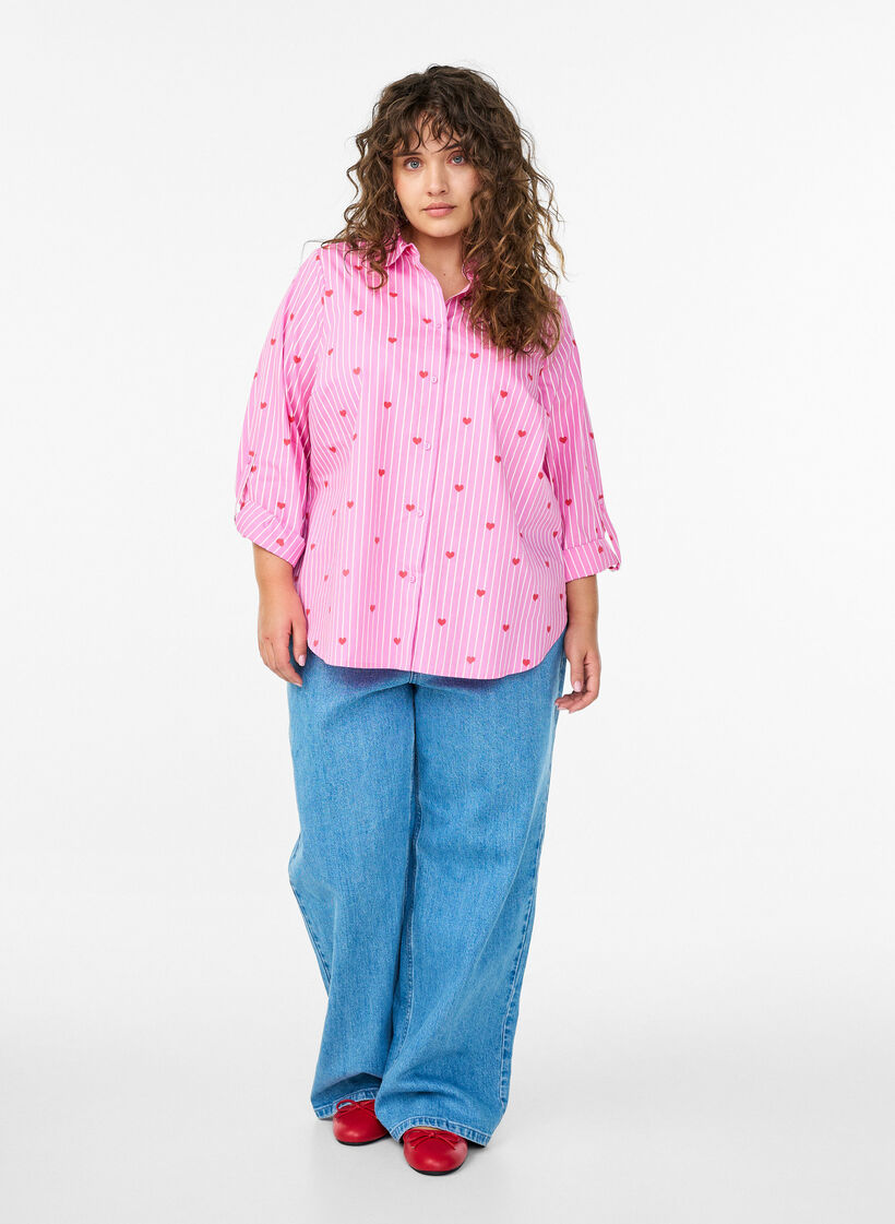 Hemdbluse mit Streifen und Herzen, Pink, Model image number 1