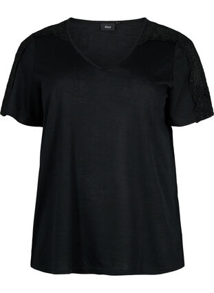 Kurzärmelige Bluse mit Spitze und V-Ausschnitt, Black, Packshot image number 0