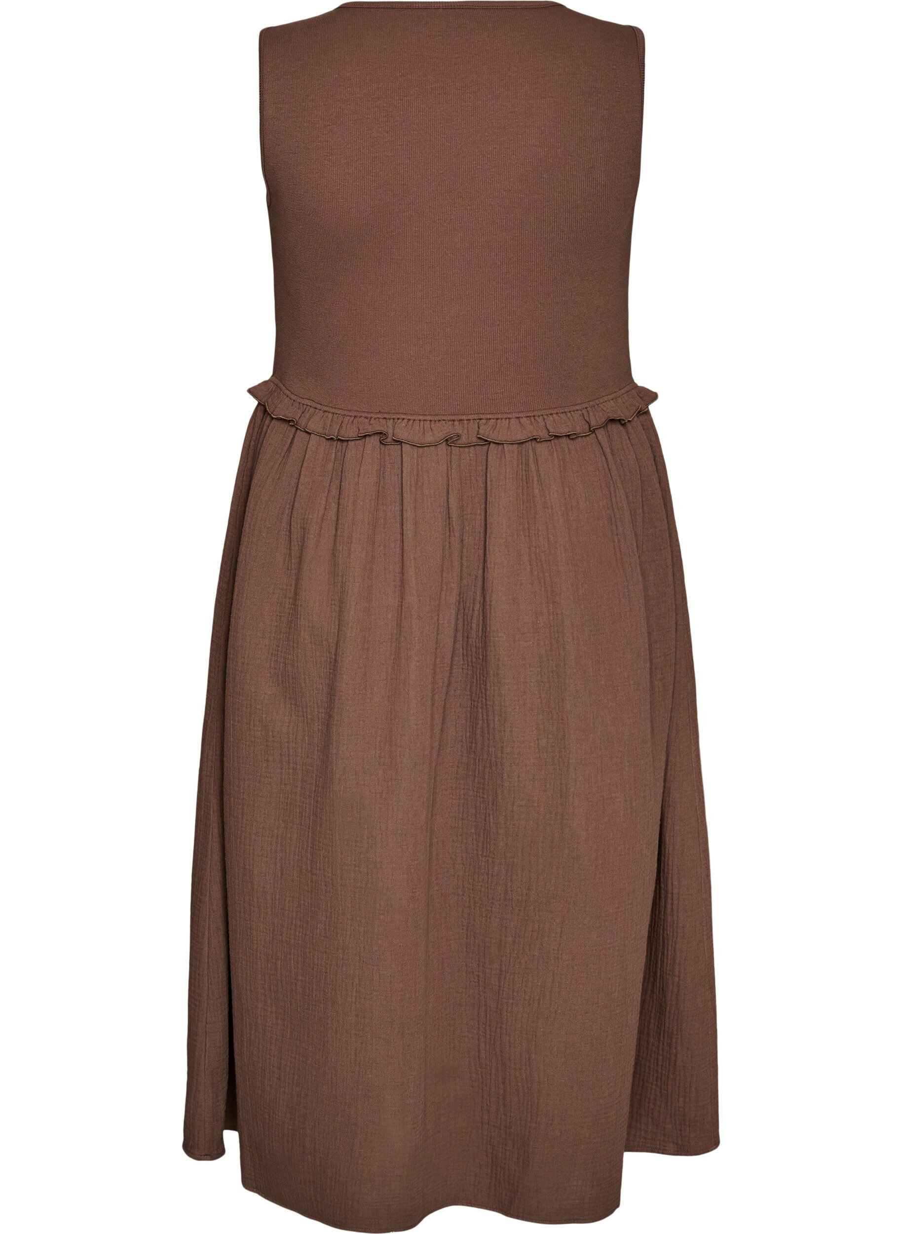 Zizzi&Auml;rmelloses Midikleid aus Baumwolle mit Ripp und Musselin, Braun, Packshot image number 1