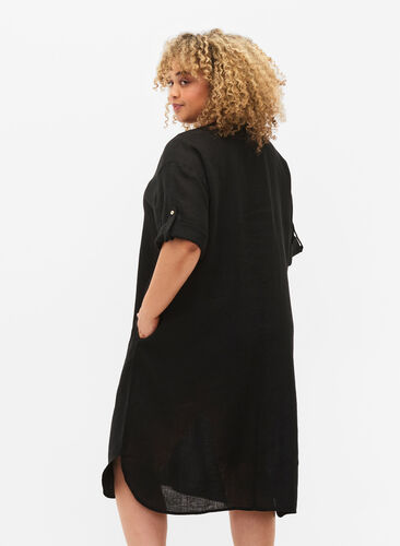 Linen Kleid mit kurzen Ärmeln, Black, Model image number 1