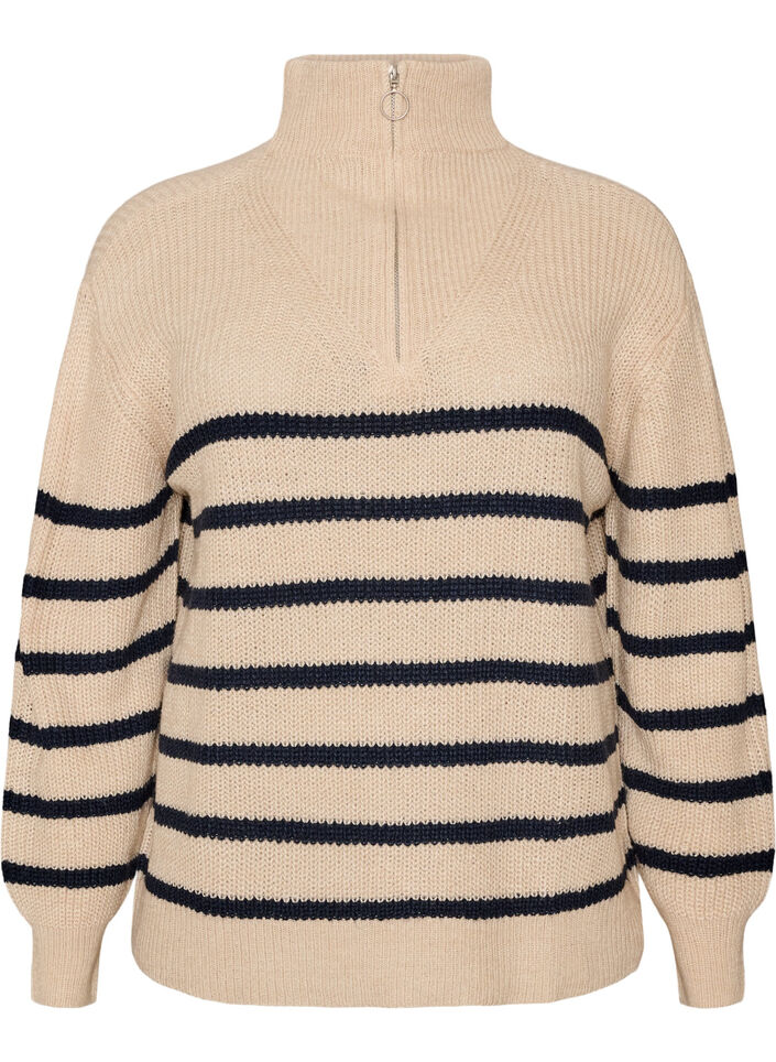 Strickpullover mit hohem Kragen und Rei&szlig;verschluss, Vanille, Packshot image number 0