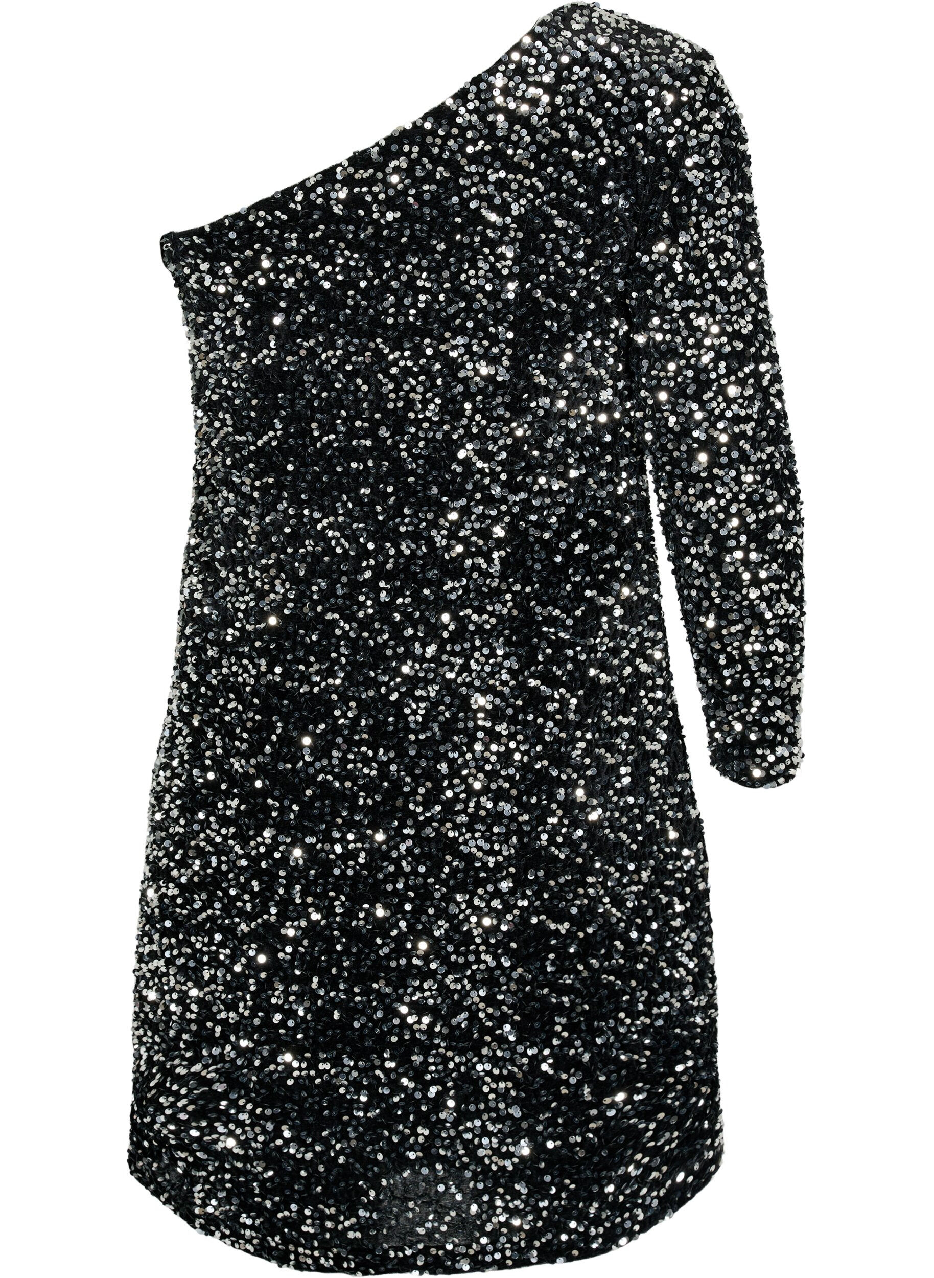 ZizziKurzes One-Shoulder-Kleid mit Pailletten, Black/Silver Sequins, Packshot image number 1