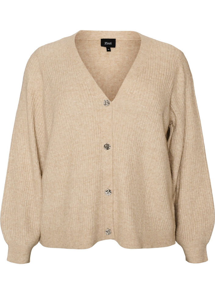 Strickjacke mit V-Ausschnitt und Rippstruktur, Beige, Packshot image number 0