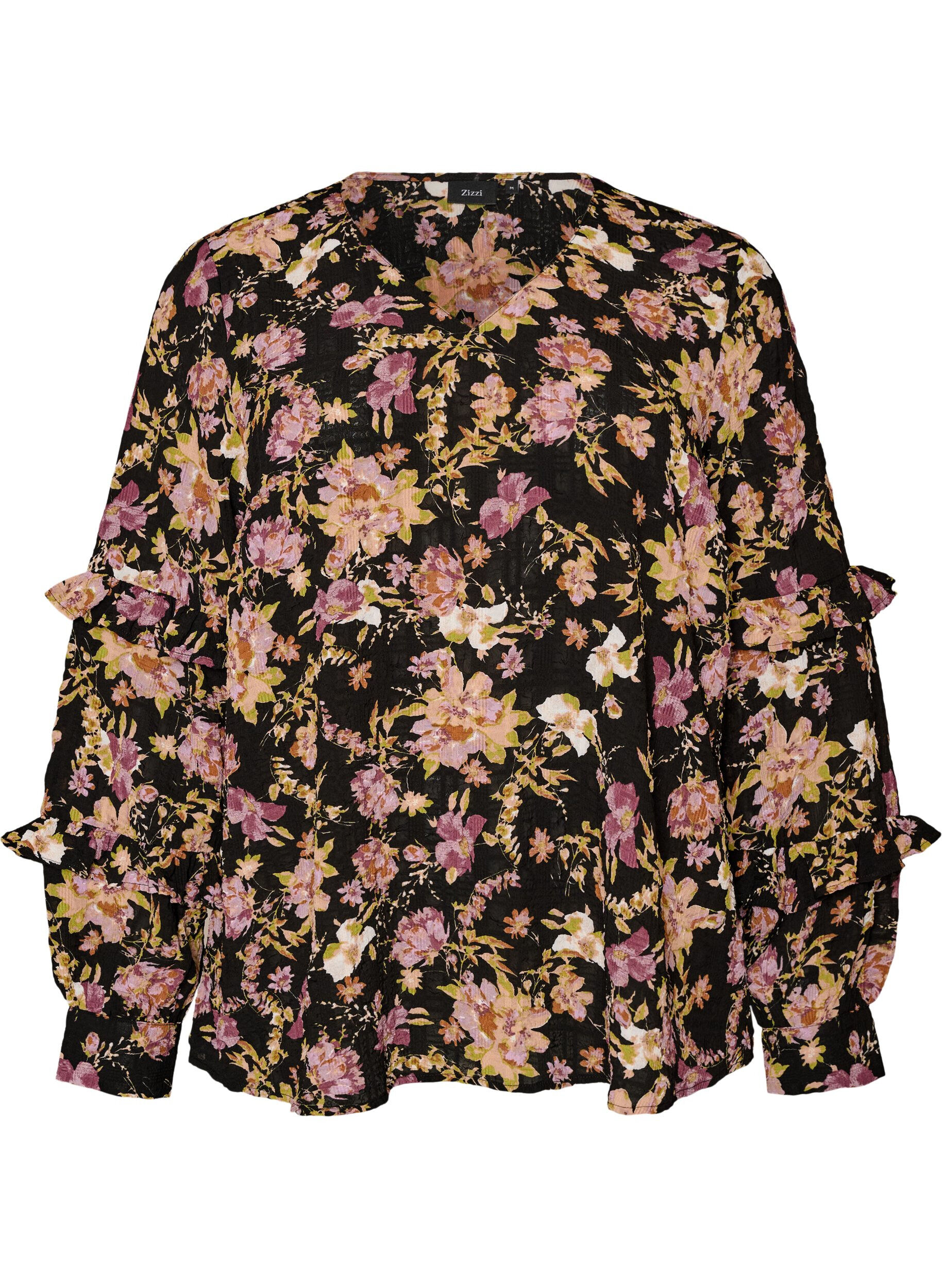 ZizziBluse mit Blumenprint und R&uuml;schendetails, Schwarz, Packshot image number 0