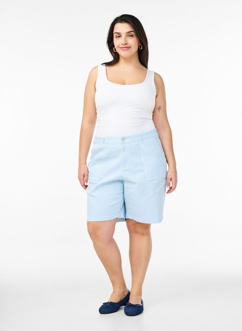 Bermuda-Shorts mit hohem Bund und Streifenmuster, Blau, Model image number 1
